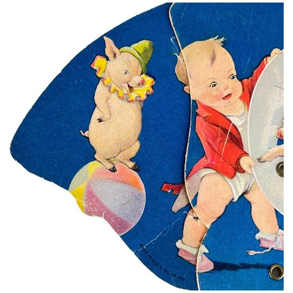 Vintage Tri Fold Advertising Cardboard Fan Boy With Circus Pigs Blue Folding - Picture 2 of 14